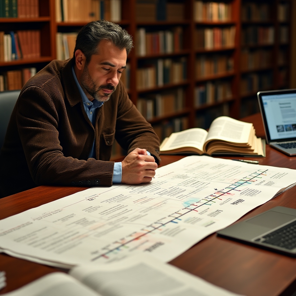 Consultant surrounded by printed algorithm update timelines and research papers at a university library desk
