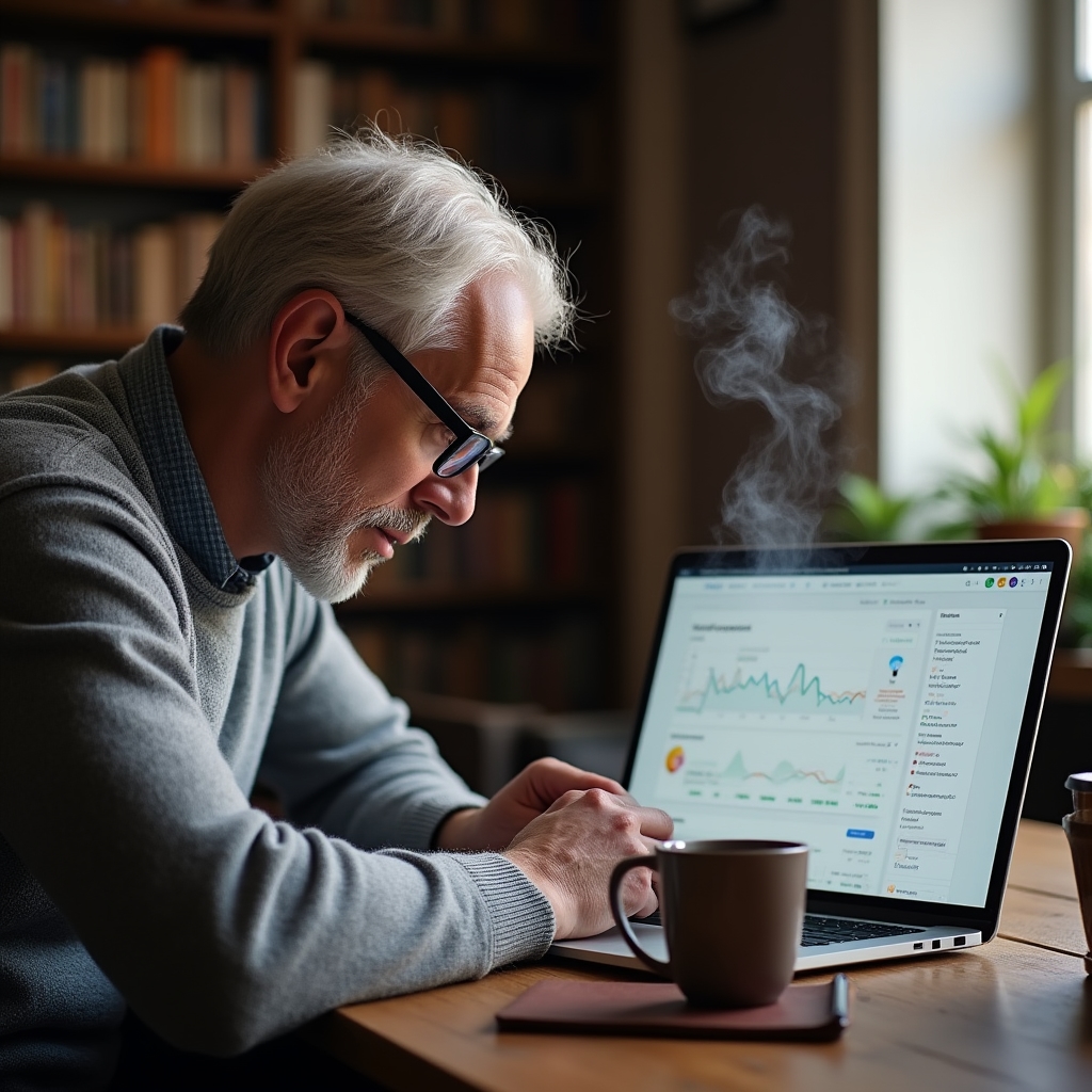 Senior SEO consultant reviewing Google Search Console data at a library desk