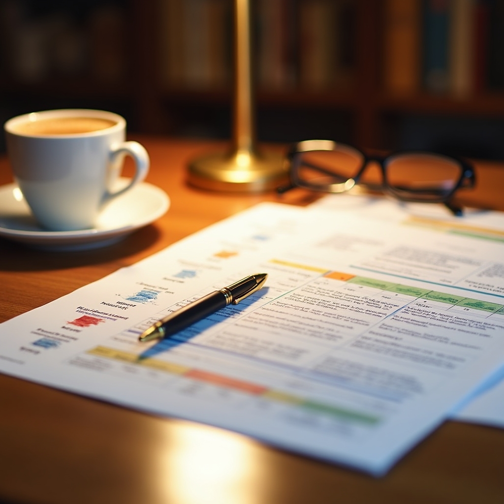 Printed remediation roadmap document with highlighted sections on a wooden library desk