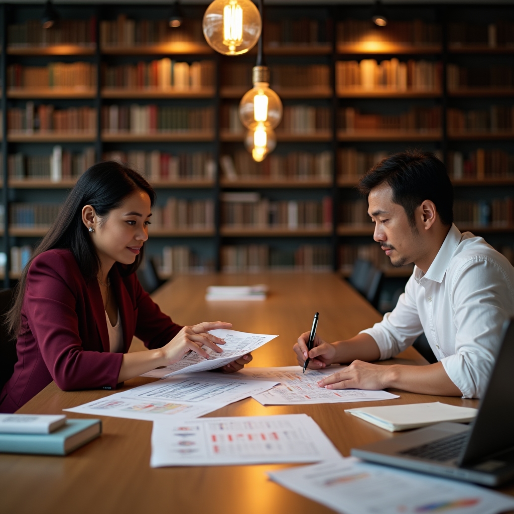 Two consultants discussing recovery strategy with printed reports in a professional setting